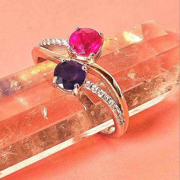 Natural Sapphire & Ruby 14K Gold Plate on 925 Sterling Silver Ring Sz 6.5 - Picture 2 of 6